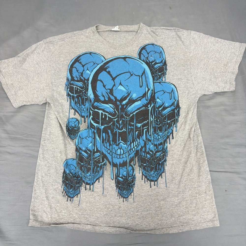 Vintage Y2K Delta Pro‎ Weight Dripping Skulls Graphic T-Shirt Gray Blue Mens XL